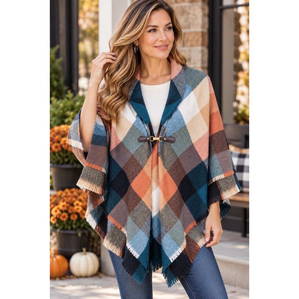 Women's L/XL Plaid Poncho Cape Faux Leather Toggle Clasp Rustic Fall Layer Cozy